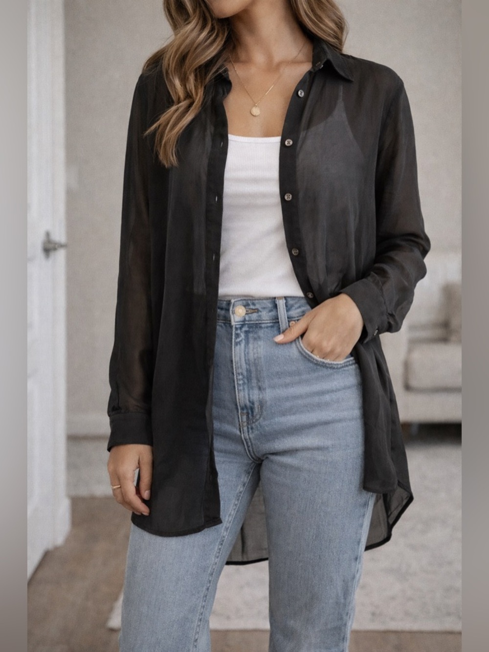 Armani Exchange Black Sheer Button-Down Shirt Size M Minimalist